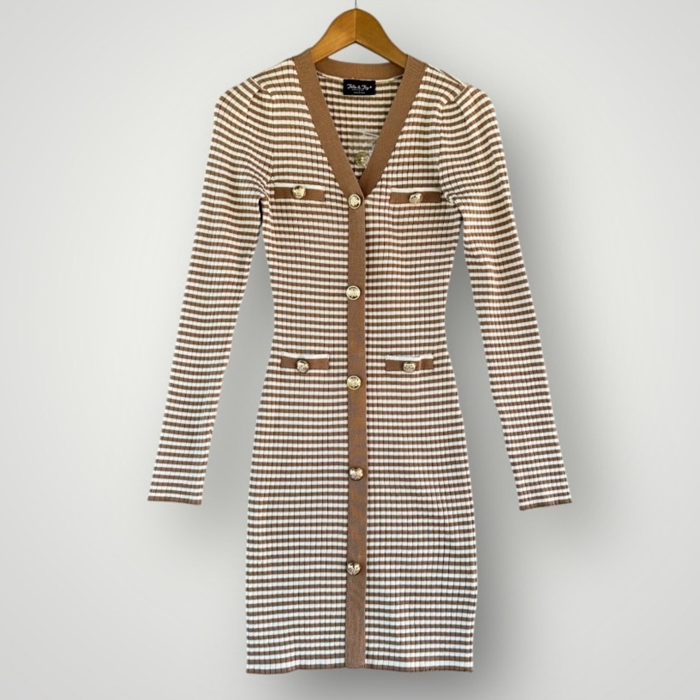 Brown & Cream Houndstooth Knit Button-Front Dress